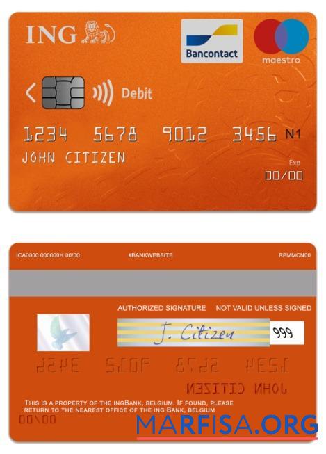 Blank Belgium ING bank maestro debit card sample